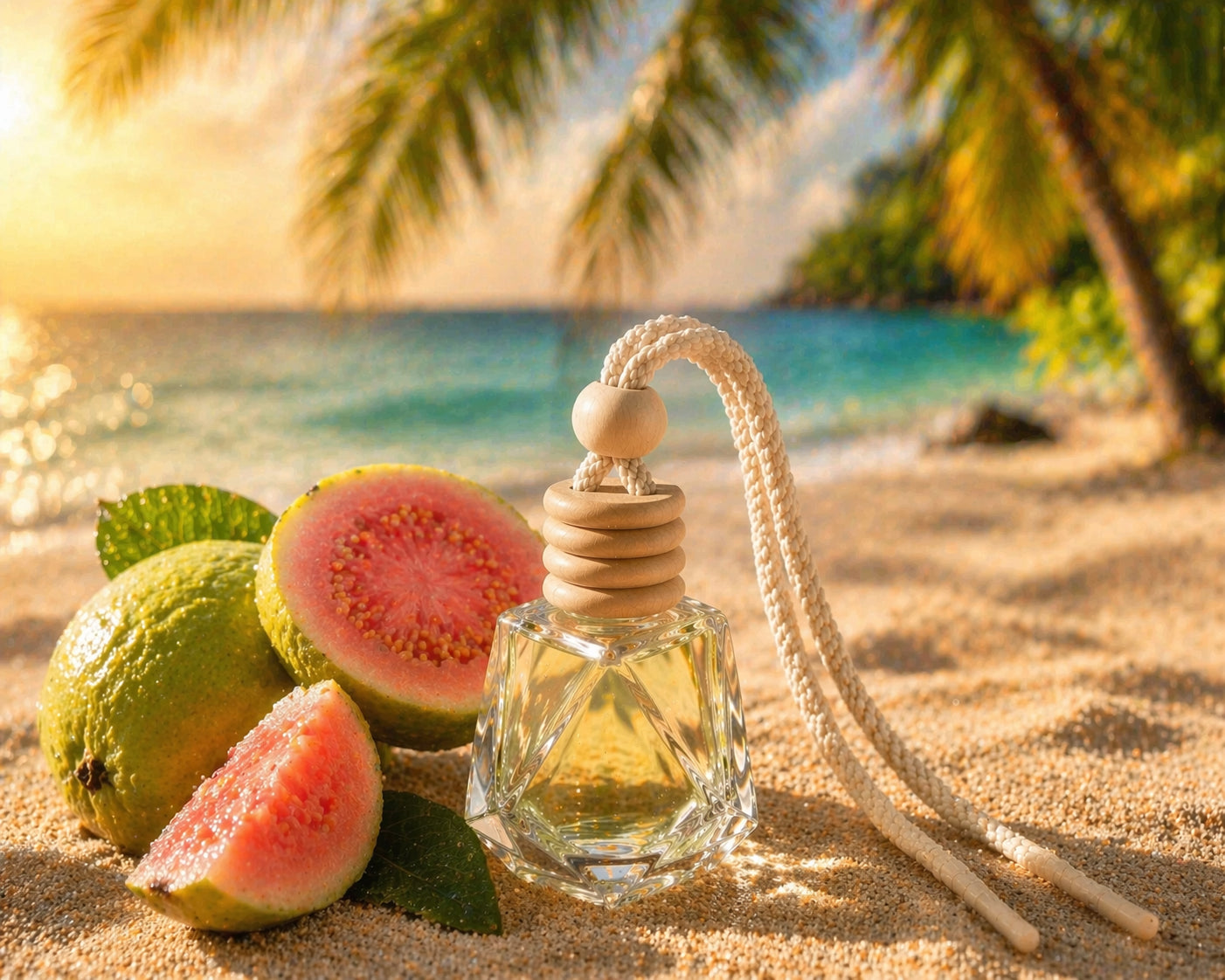 Autoduft Guave aus Glas mit Holzdeckel am tropischen Sandstrand mit Guave-Früchten und Meer im Hintergrund