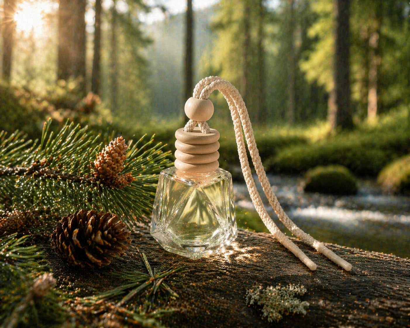 Autoduft Kiefernwald aus Glas mit Holzdeckel auf natürlichem Untergrund im Waldlicht