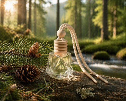 Autoduft Kiefernwald aus Glas mit Holzdeckel auf natürlichem Untergrund im Waldlicht