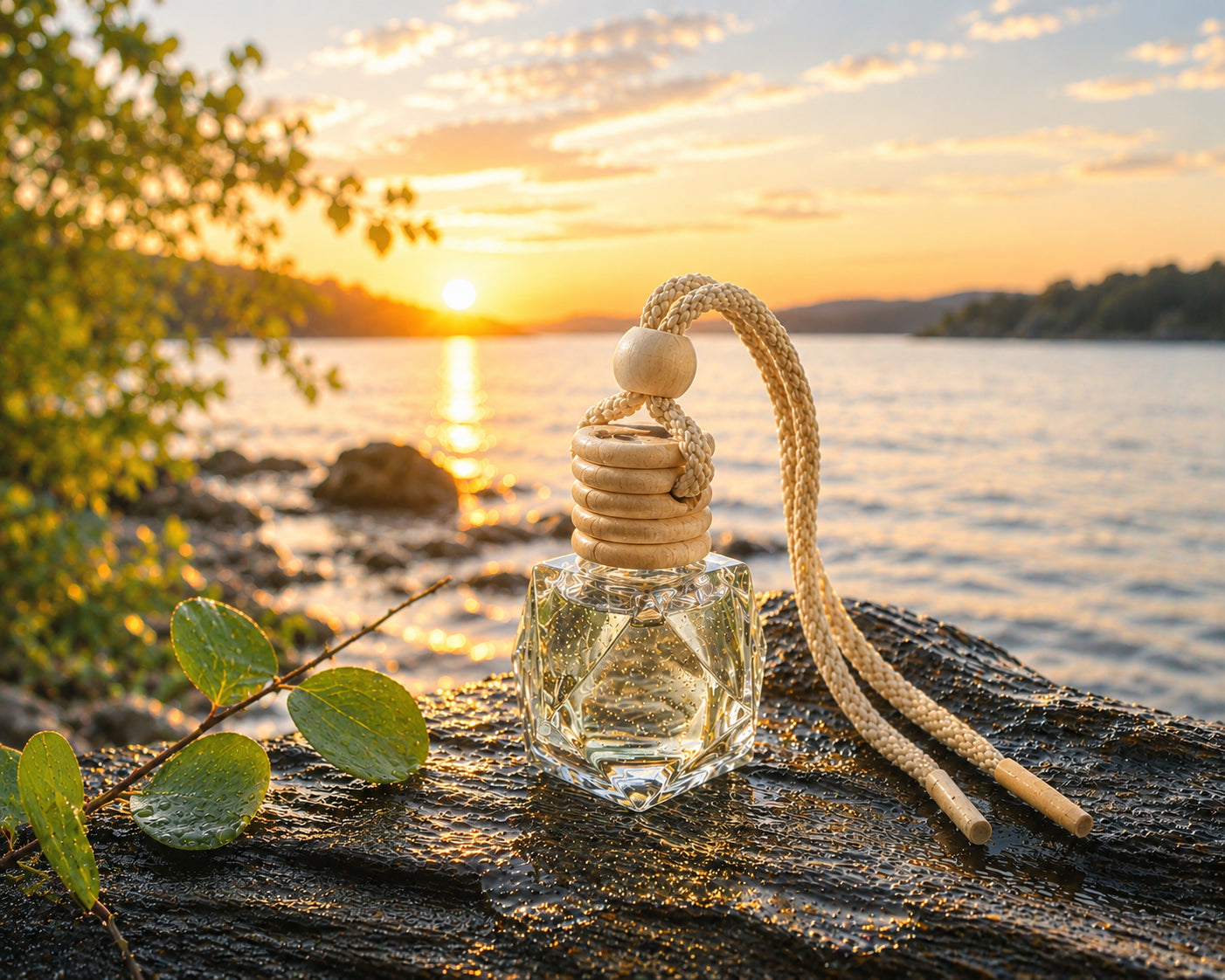 Autoduft Windstille aus Glas mit Holzdeckel auf nassem Holz am Meer bei ruhiger, klarer Atmosphäre nach dem Sturm