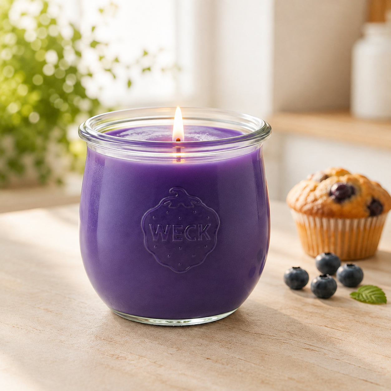 Blaubeer-Muffin große Duftkerze aus Kokoswachs im WECK-Tulpenglas von CandleDeko, lila und brennend neben einem Blaubeermuffin auf Holztisch.