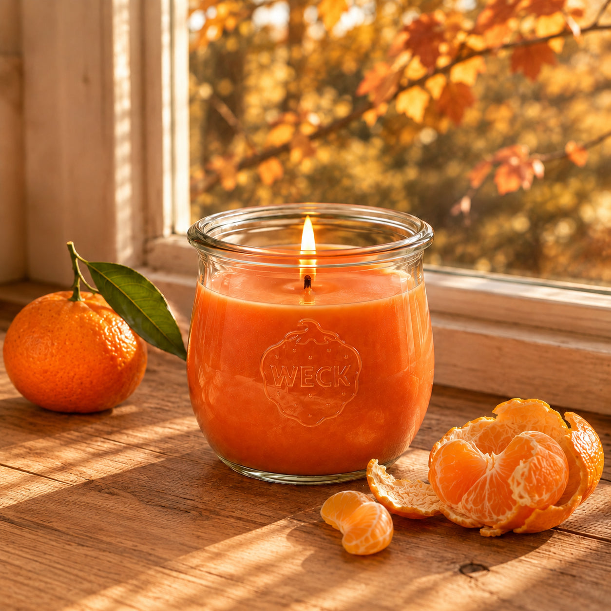 Cementine große Duftkerze aus Kokoswachs im WECK-Tulpenglas von CandleDeko, orange und brennend auf Holzfensterbank neben Mandarinen vor herbstlichen Bäumen.