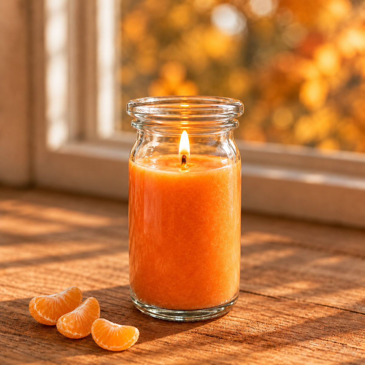 Clementine kleine Duftkerze aus Kokoswachs im WECK-Tulpenglas von CandleDeko, orange und brennend auf Holzfensterbank neben Mandarinen vor herbstlichen Bäumen.