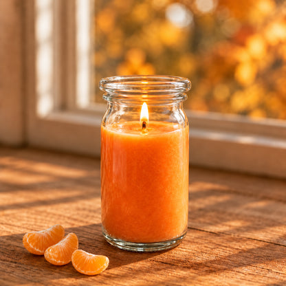 Clementine kleine Duftkerze aus Kokoswachs im WECK-Tulpenglas von CandleDeko, orange und brennend auf Holzfensterbank neben Mandarinen vor herbstlichen Bäumen.