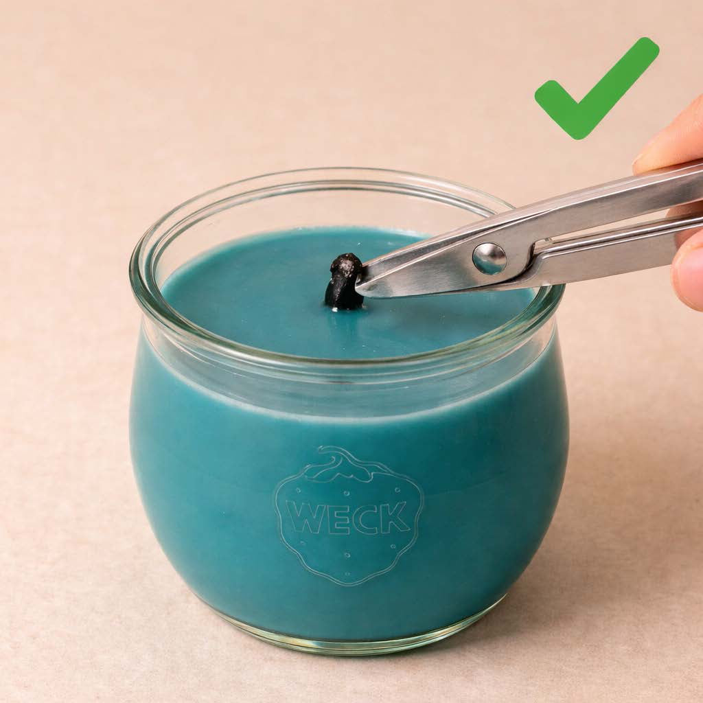 Duftkerze mit gekürztem Docht – sauberes Brennverhalten durch richtige Pflege