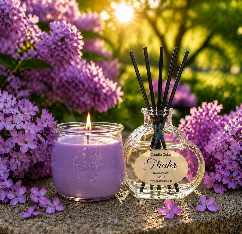 Flieder Duftkerze im WECK-Glas und Duftstäbchen im Herzglas von CandleDeko – stimmungsvolles Lifestylebild im Garten mit Fliederblüten und warmem Sonnenlicht