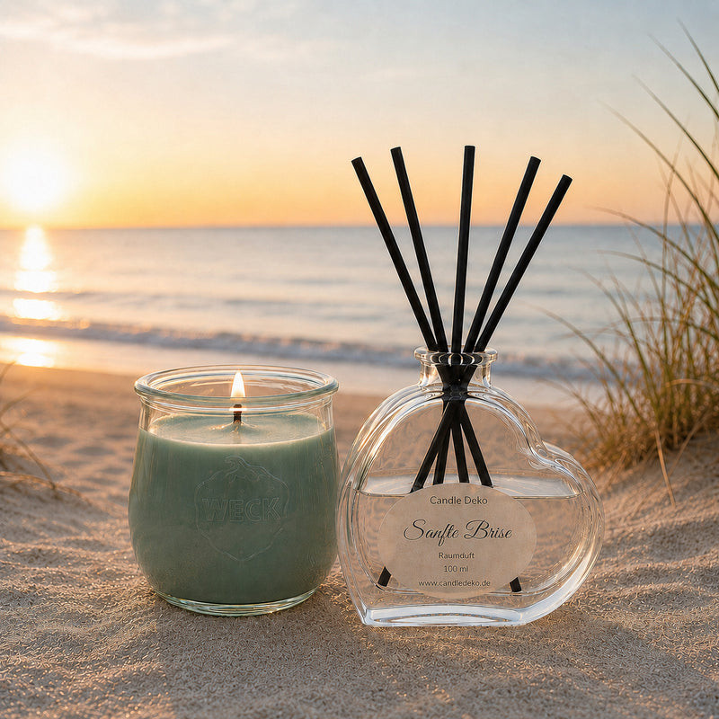 Samtige Brise Duftkerze im WECK-Glas und Raumduft Diffusor am Meer, natürliches Licht, maritimes Lifestyle-Bild mit Muscheln und Treibholz