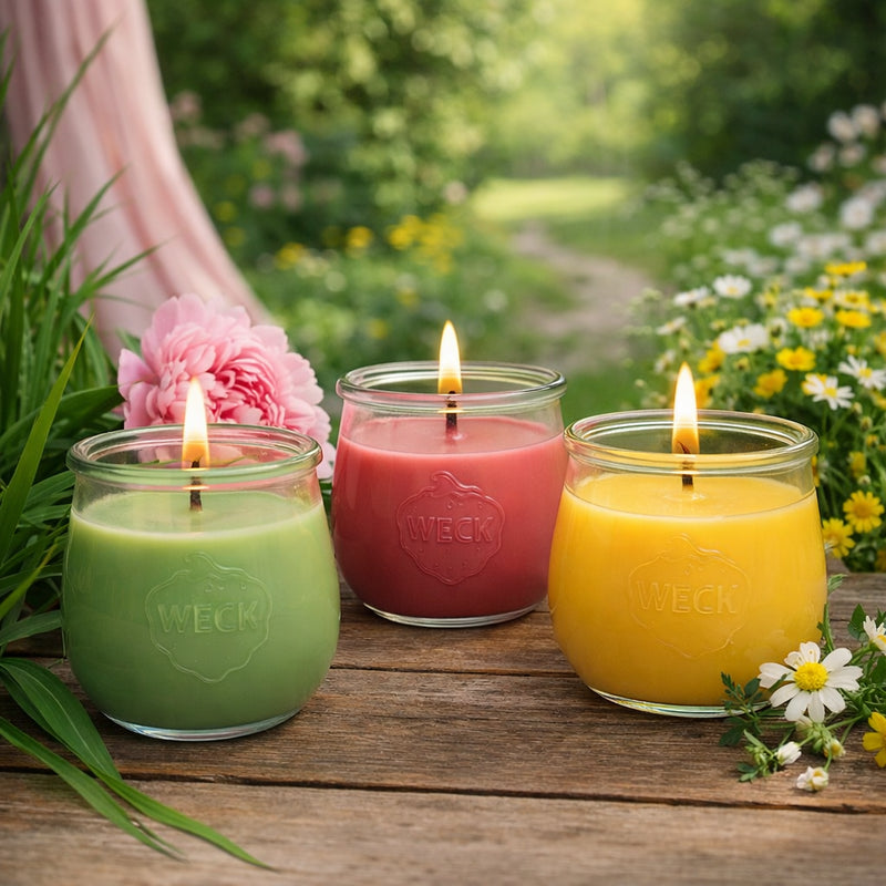 Drei Duftkerzen im WECK-Glas – in den Farben Grün (Citronella), Pink (Pfingstrose) und Gelb (Blütenwiese) – brennen nebeneinander auf einem rustikalen Holztisch im Garten. Umgeben von frischen Blumen und grünem Blattwerk strahlen die Kerzen in natürlichem Tageslicht eine ruhige, sommerliche Stimmung aus. Im Hintergrund ein weicher Vorhang und ein Weg durch blühende Wiesen.