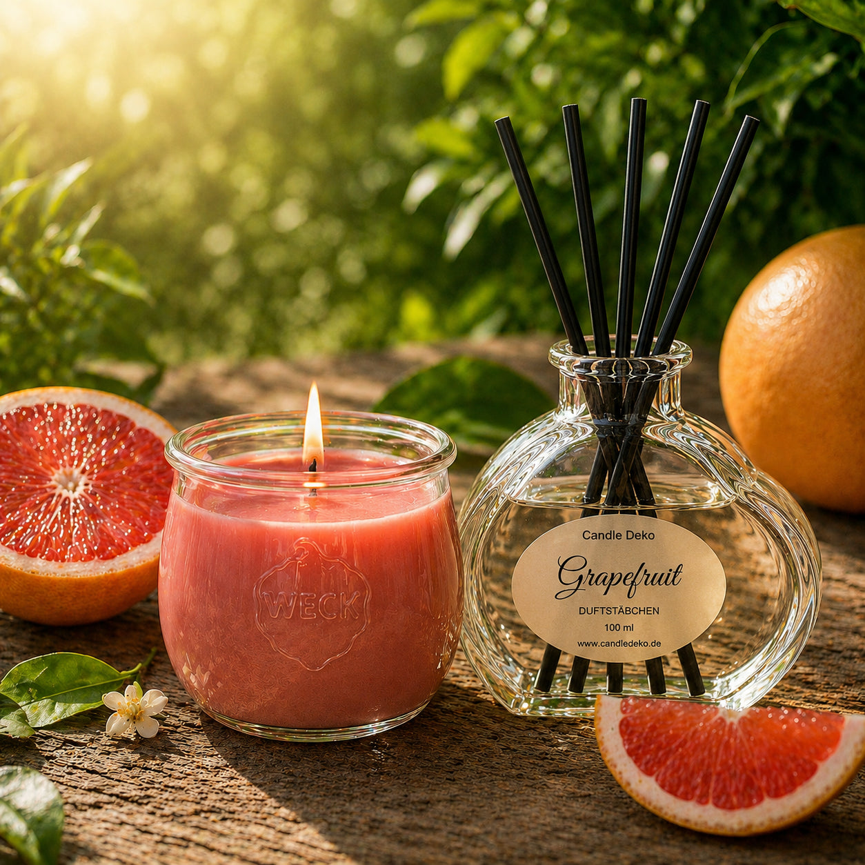 DuftDuo Grapefruit mit Kerze und Diffusor im Garten bei Sonnenlicht