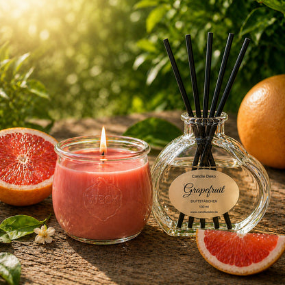 DuftDuo Grapefruit mit Kerze und Diffusor im Garten bei Sonnenlicht
