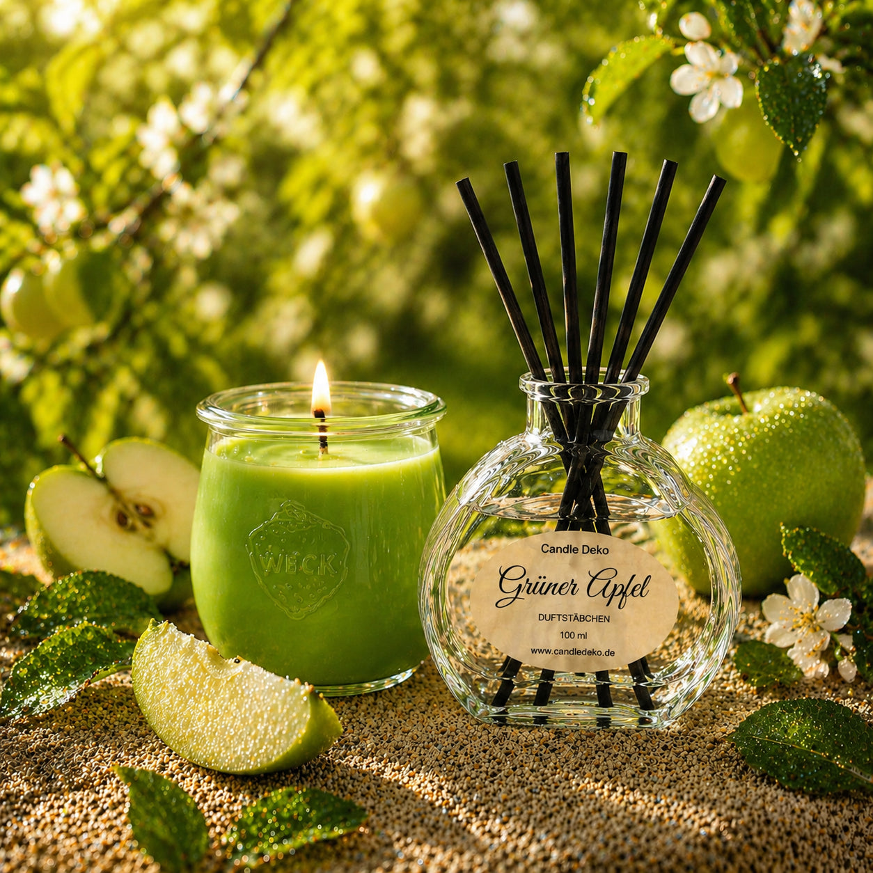 Duftduo Grüner Apfel – Duftkerze & Duftstäbchen - CandleDeko