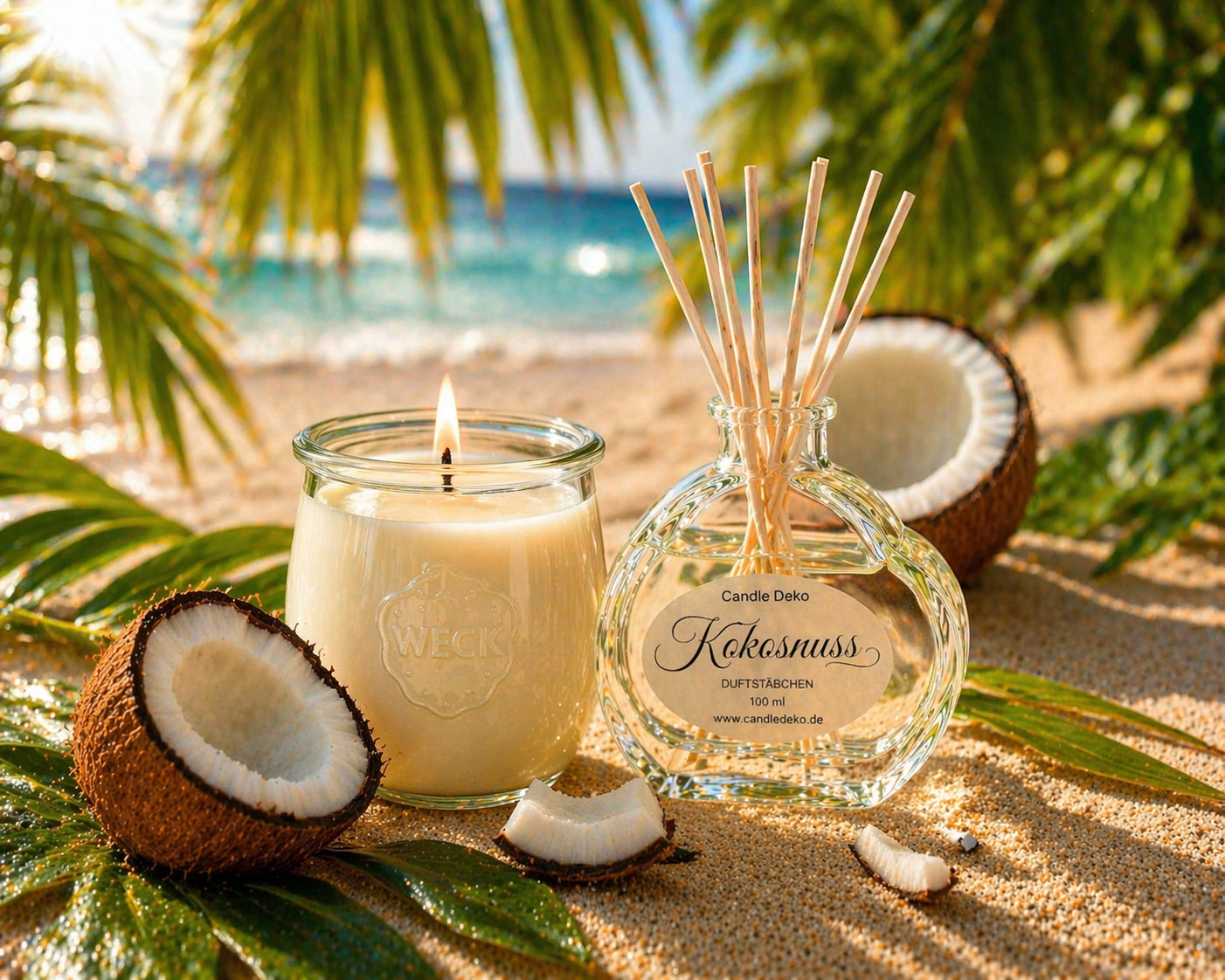 Duftduo Kokosnuss – Duftkerze & Duftstäbchen - CandleDeko