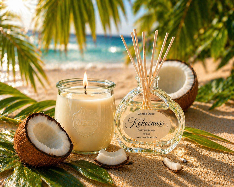 Duftduo Kokosnuss – Duftkerze & Duftstäbchen - CandleDeko