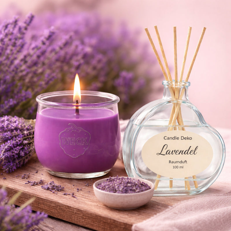 Duftduo Lavendel von CandleDeko mit großer Duftkerze im WECK-Glas und Raumduft-Diffusor mit Duftstäbchen.