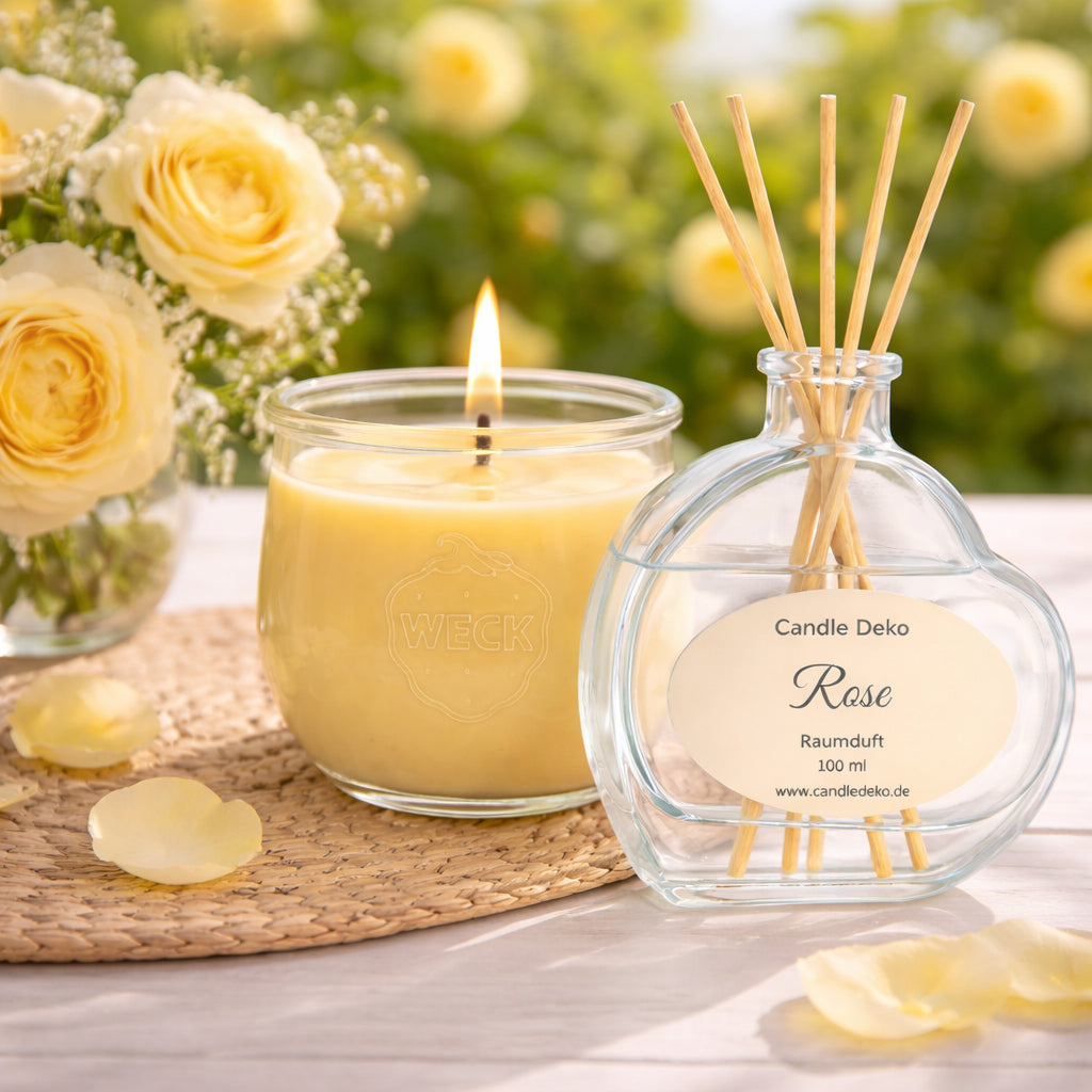 Duftduo Rose von CandleDeko mit großer Duftkerze im WECK-Glas und 100 ml Raumduft-Diffusor mit Rattan-Stäbchen in rosiger Gartenszene.