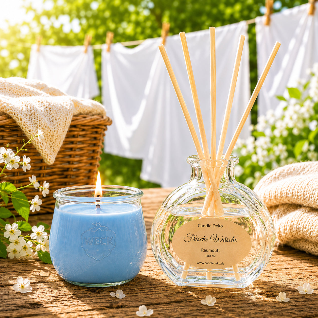 Duftduo Frische Wäsche von CandleDeko mit Raumduft-Diffusor und brennender Duftkerze im WECK-Glas für ein klares, frisches Raumgefühl.