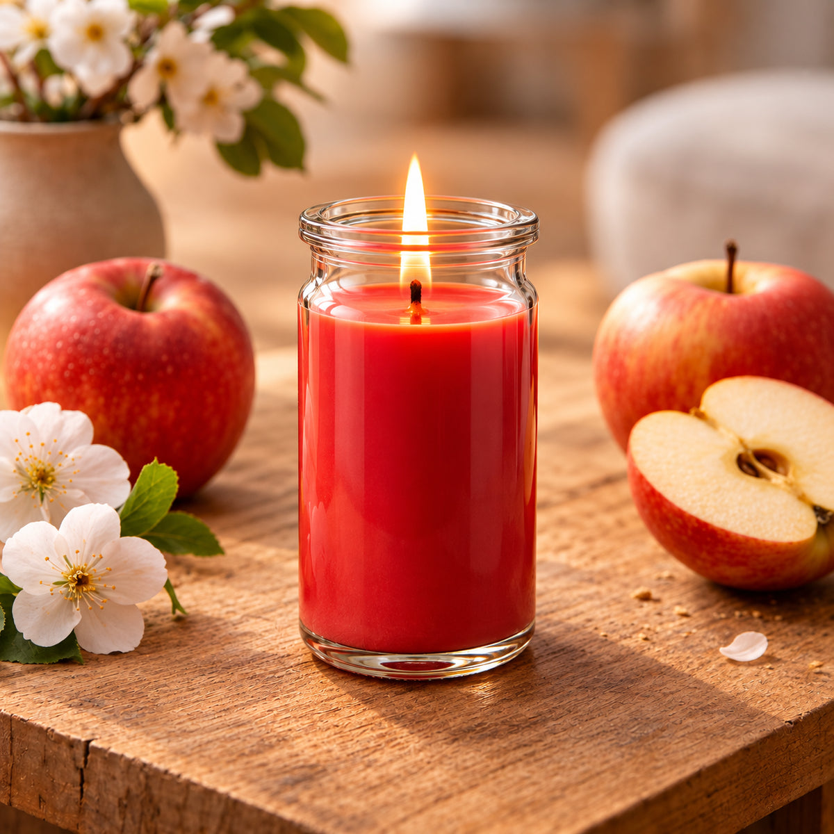 Duftkerze Apfeltraum klein aus Kokoswachs im WECK-Tulpenglas von CandleDeko, neben frischen Äpfeln und weißen Blüten.