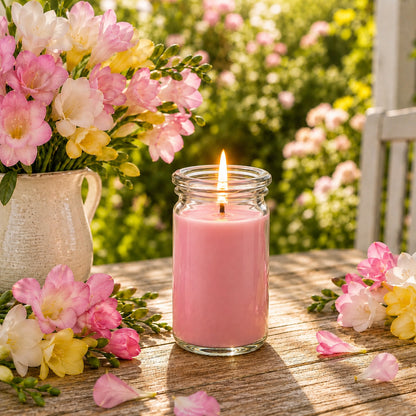 Duftkerze Freesienzauber klein aus Kokoswachs im WECK-Glas von CandleDeko, neben einer Vase mit frischen Freesien.