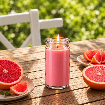 Duftkerze Grapefruit klein aus Kokoswachs im WECK-Tulpenglas von CandleDeko, neben frischen Grapefruitscheiben im Garten.