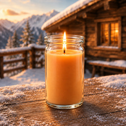 Duftkerze Hüttenzauber klein aus  Kokoswachs im originalen WECK-Glas von CandleDeko, orange und brennend auf Holztisch neben frischer Mandarine und Zimt.