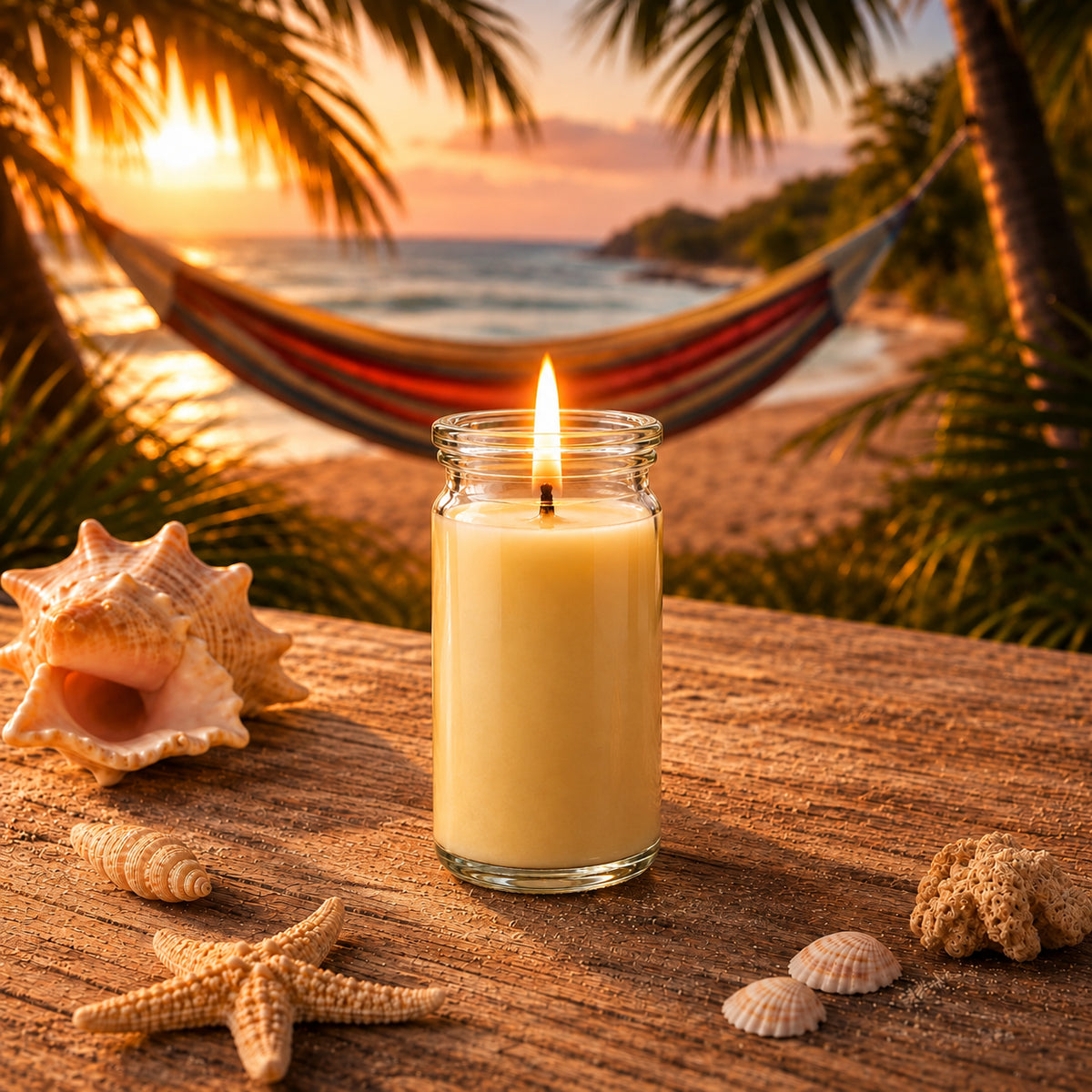 Duftkerze Karibik klein aus Kokoswachs im WECK-Tulpenglas von CandleDeko, sandfarben und brennend am Strand im Sonnenuntergang.
