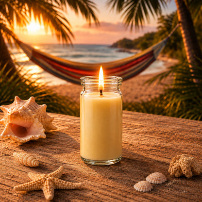 Duftkerze Karibik klein aus Kokoswachs im WECK-Tulpenglas von CandleDeko, sandfarben und brennend am Strand im Sonnenuntergang.