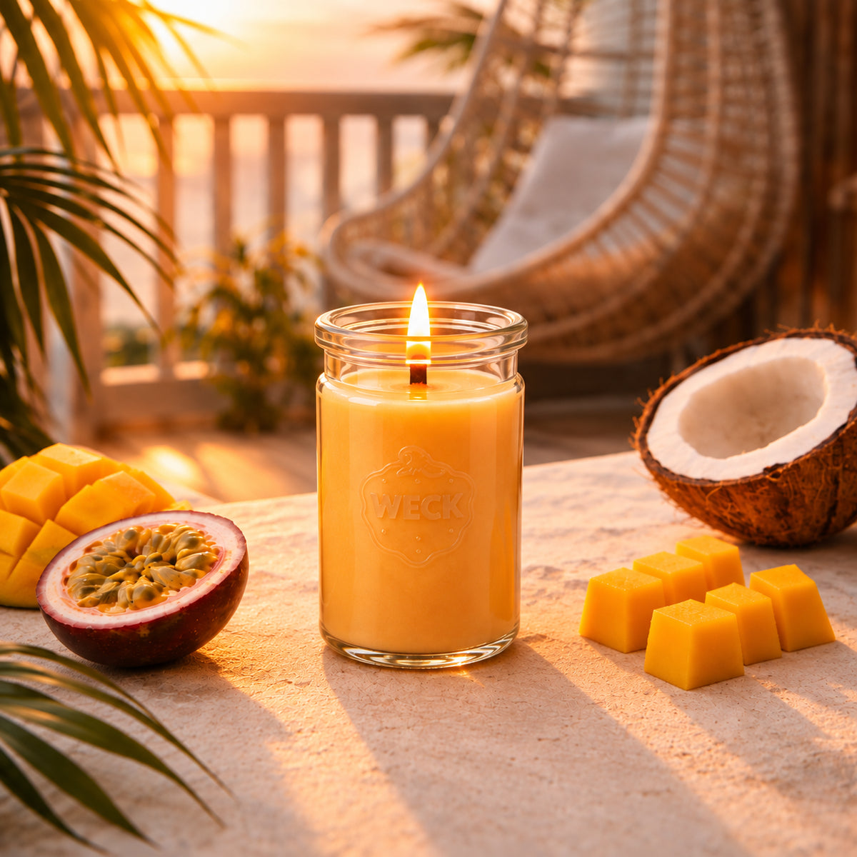 Duftkerze Mango Passionsfrucht klein aus Kokoswachs im WECK-Tulpenglas von CandleDeko, orange und brennend neben Maracuja und Kokosnuss.