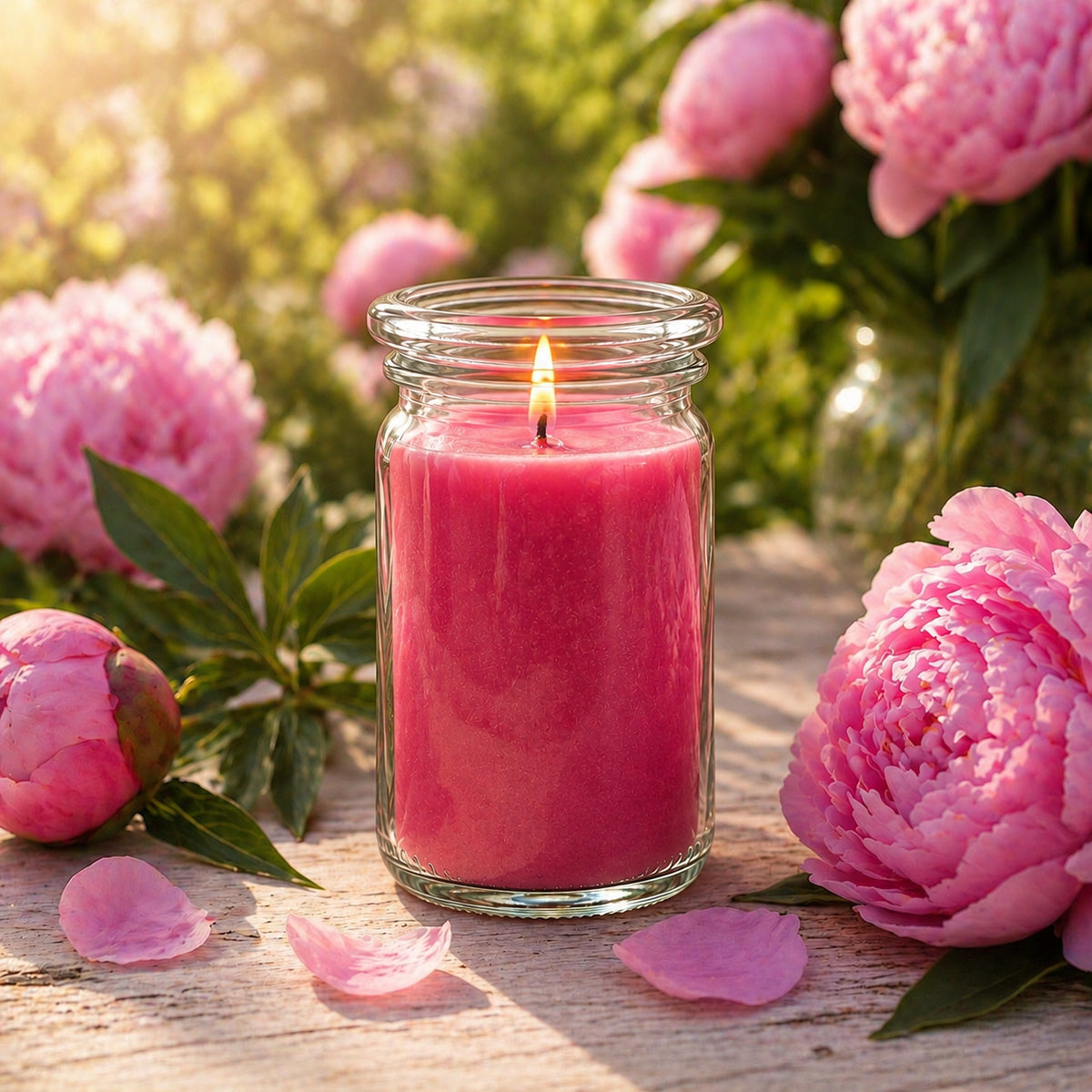 Duftkerze Pfingstrose klein aus Kokoswachs im WECK-Tulpenglas von CandleDeko, neben frischen Pfingstrosen im Garten.