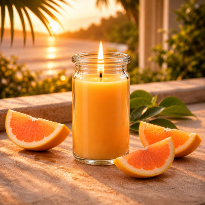 Duftkerze Pomelozauber klein aus Kokoswachs im WECK-Tulpenglas von CandleDeko, neben frischen Pomelospalten im warmen Sommerlicht.
