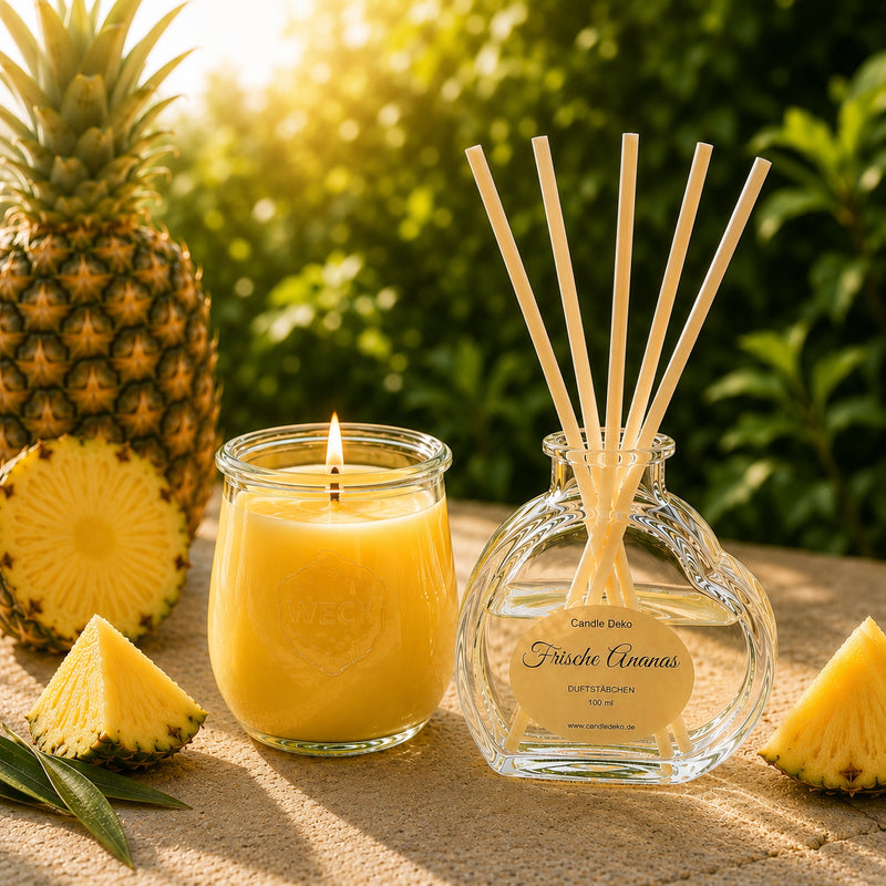 CandleDeko Ananas Duftduo mit brennender Kerze und Raumduft im warmen Sommerlicht zwischen frischen Früchten.