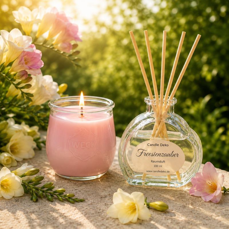 CandleDeko Freesienzauber Duftduo mit brennender Kerze und Raumduft im warmen Frühlingslicht zwischen Blüten