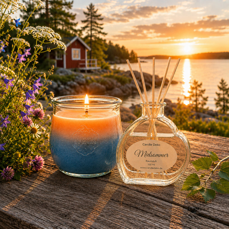 Duftkerze und Raumduft Set „Midsommer“ aus Kokoswachs und Duftstäbchen auf einem Holztisch am skandinavischen See. Die Mitternachtssonne taucht den Sommerabend in warmes Licht.