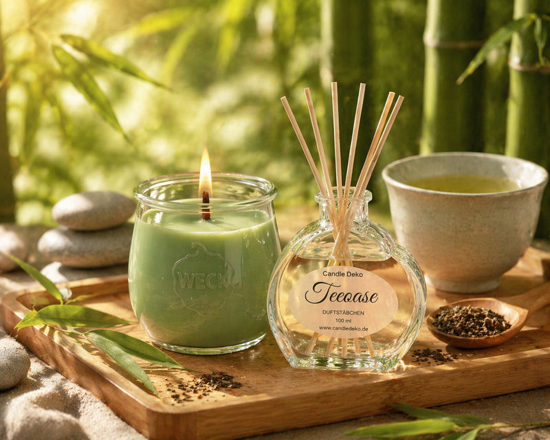 CandleDeko TeeOase Duftduo mit brennender Kerze und Raumduft auf Holztablett mit Teetasse in ruhiger Gartenatmosphäre.