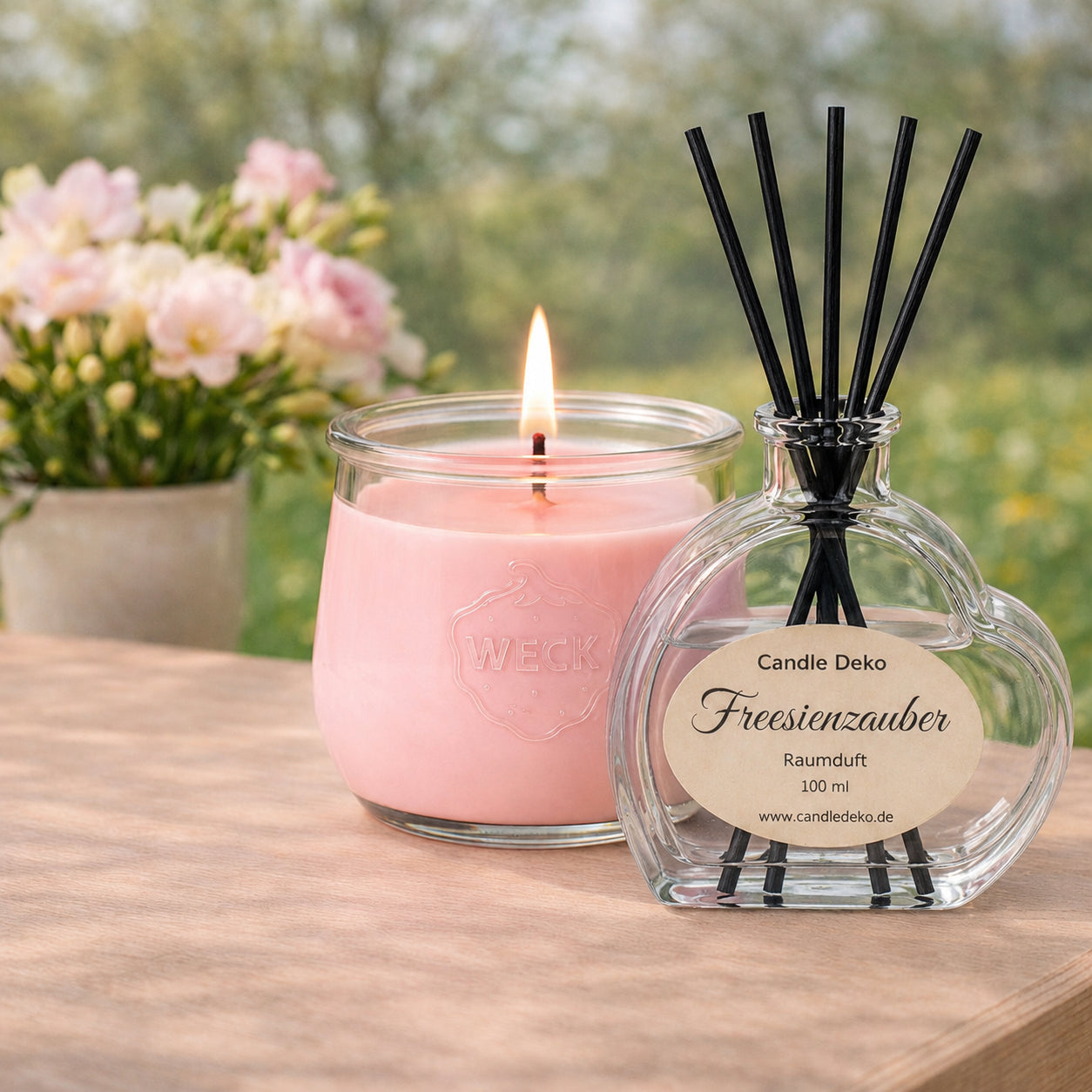 Duftduo Freesienzauber von CandleDeko – rosa Duftkerze im WECK-Glas und Raumduft-Diffusor mit Freesienduft