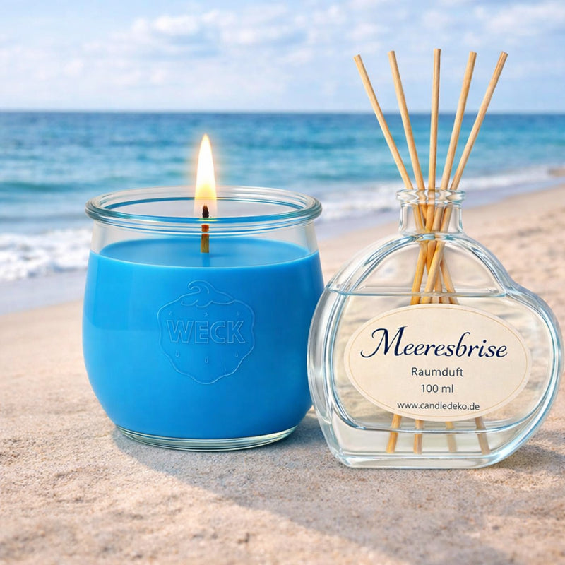 Duftduo Meeresbrise von CandleDeko mit großer Duftkerze im WECK-Glas und Raumduft-Diffusor mit Duftstäbchen.