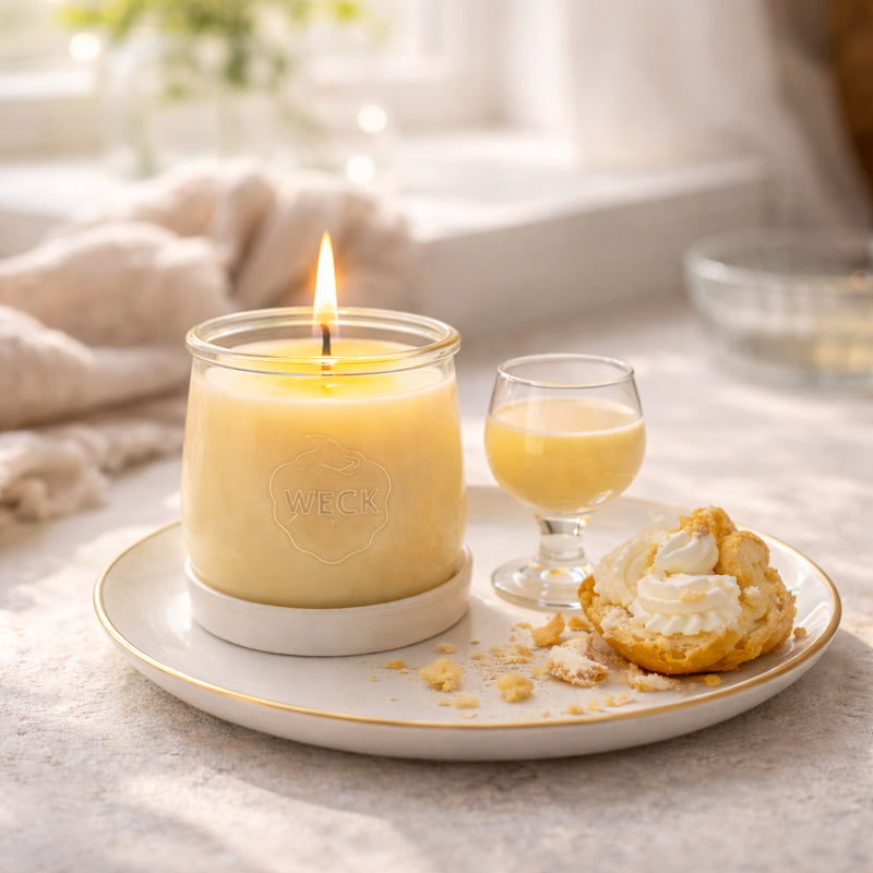 Festllicher Eierlikör – helle Duftkerze im WECK-Glas mit Eierlikör und Dessert bei Tageslicht. Natürliches Stimmungsbild von CandleDeko.