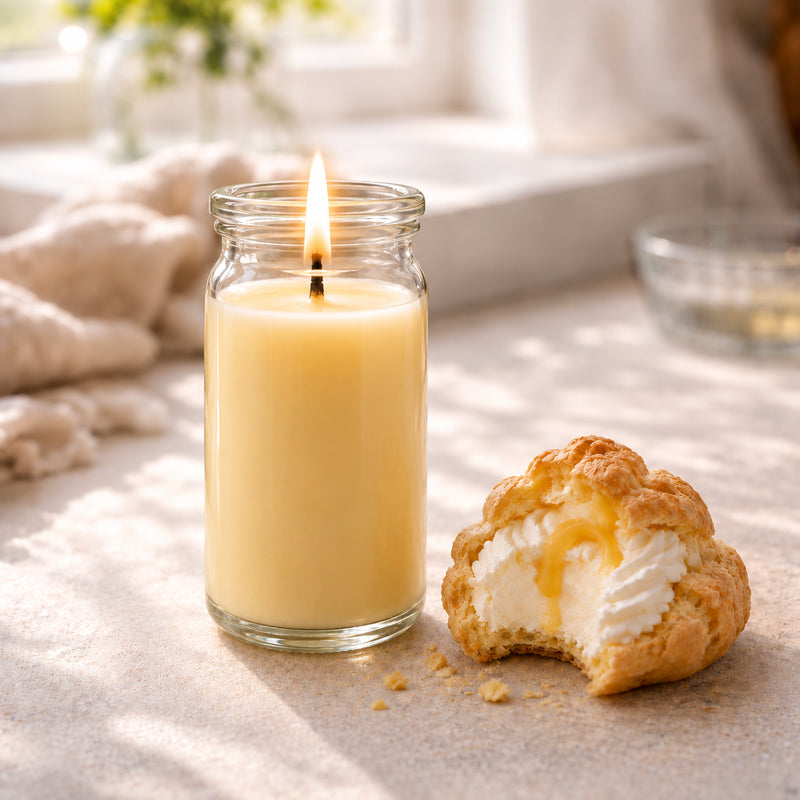 Eierlikör kleine Duftkerze aus Kokoswachs im WECK-Glas von CandleDeko, auf einem Teller neben süßem Windbeutel.