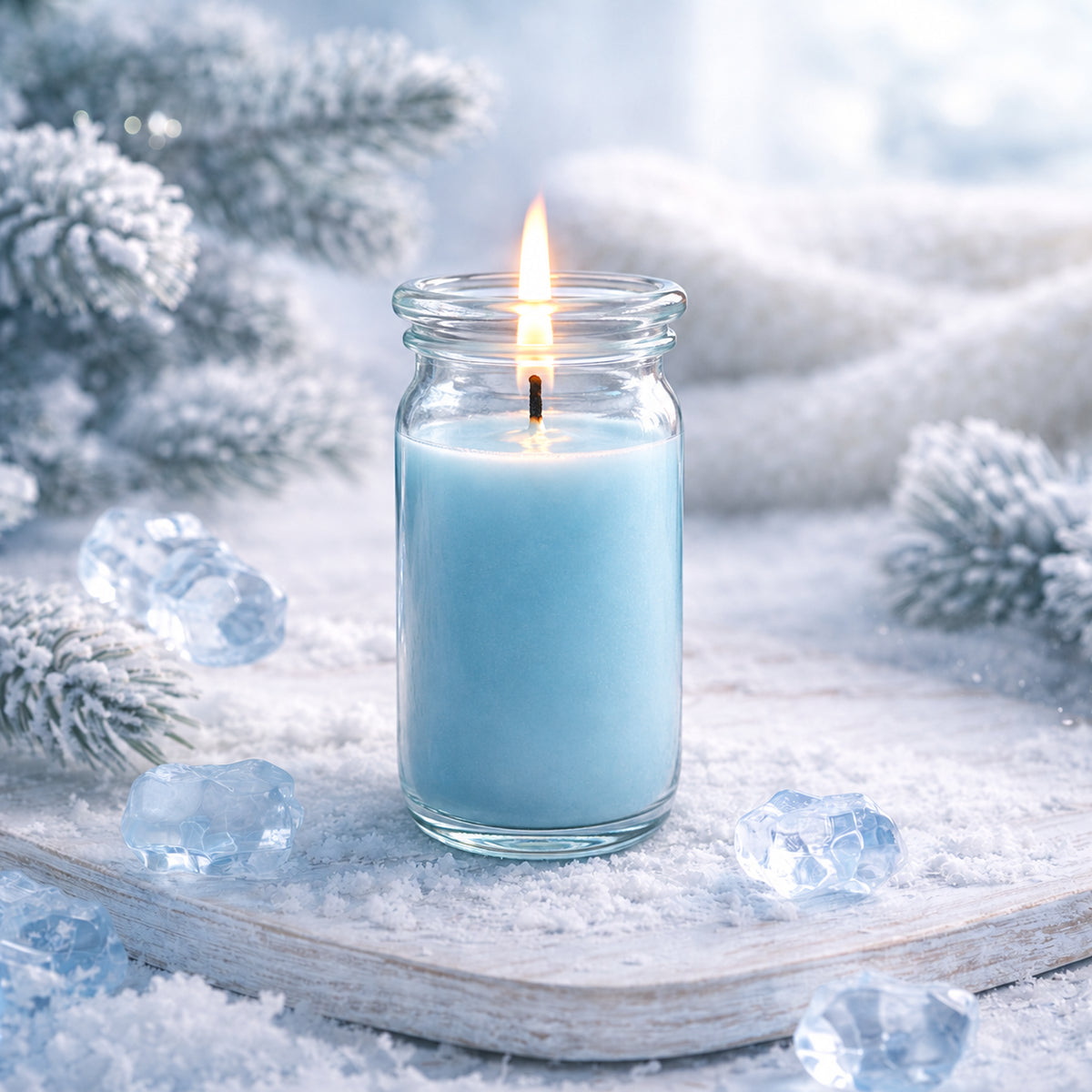 Eislicht kleine Duftkerze aus Kokoswachs im WECK-Glas von CandleDeko, im Schnee umgeben von klaren Eiswürfeln.
