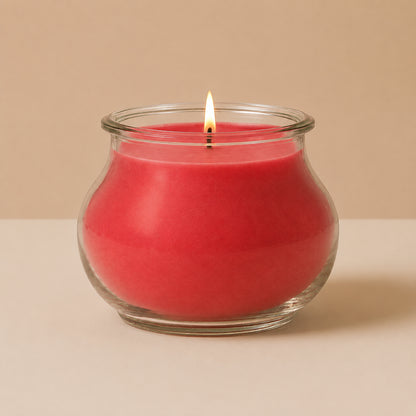 Rote CandleDeko Grande Duftkerze im bauchigen, eleganten WECK-Glas vor neutralem Hintergrund