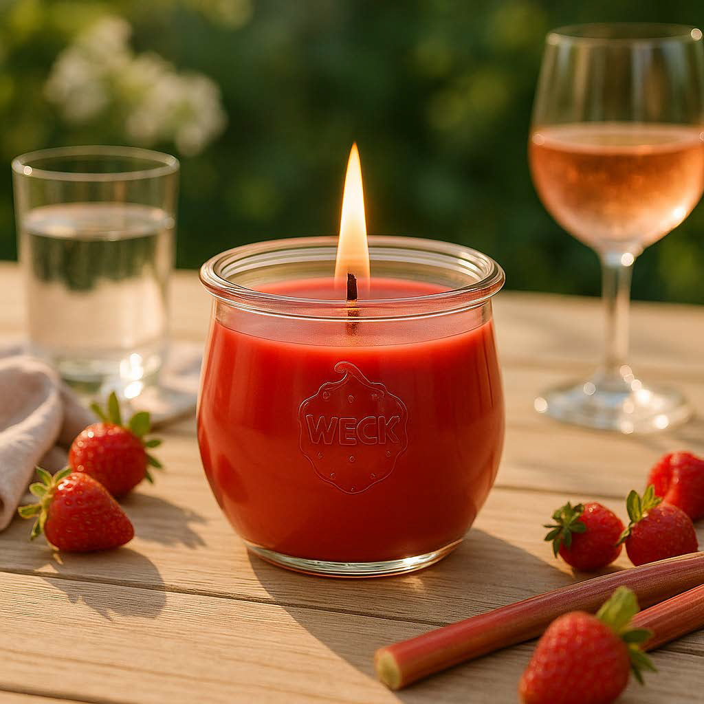 Große Duftkerze im WECK-Schmuckglas mit erdbeerrotem Wachs, brennend auf einer sonnigen Sommerterrasse mit frischen Erdbeeren und Glas Wasser. Helles, emotionales CandleDeko-Lifestyle-Foto mit Sommerstimmung.