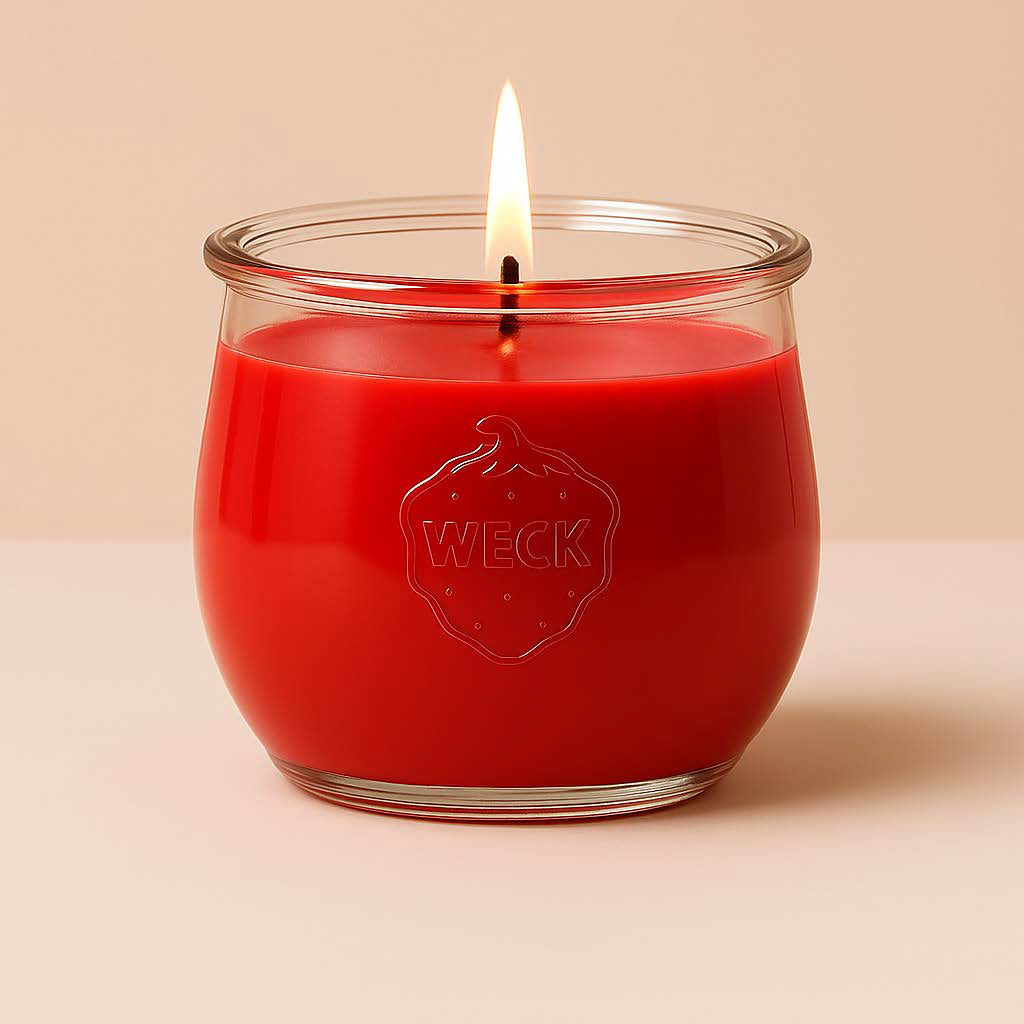 Brennende Duftkerze im großen WECK-Schmuckglas mit erdbeerrotem Wachs auf warmem Hintergrund. Handgefertigte Sojawachs-Kerze von CandleDeko im stilvollen CandleDeko-Design.