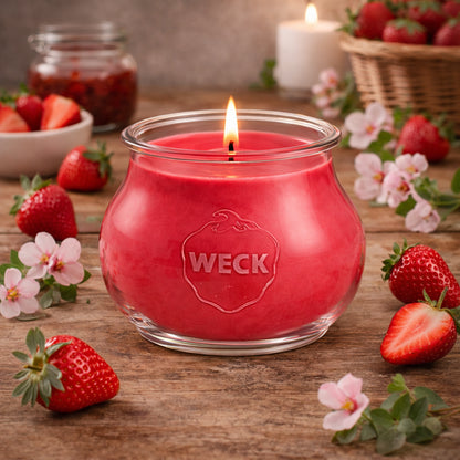 Stimmungsvolles Lifestyle-Bild einer brennenden Erdbeer-Duftkerze im großen WECK-Schmuckglas, umgeben von frischen Erdbeeren, Blüten und einem Glas Erdbeermarmelade auf rustikalem Holztisch
