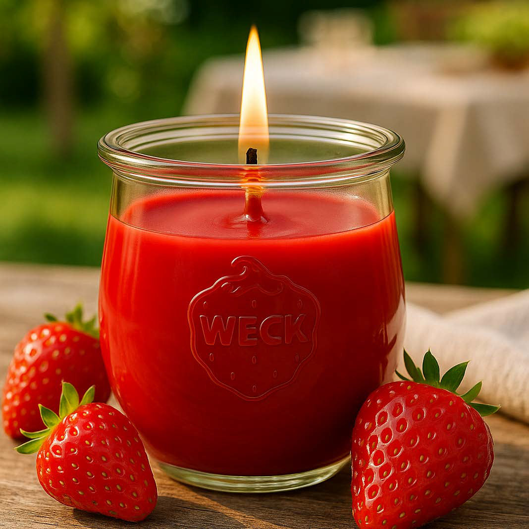 Brennende rote Duftkerze „Erdbeer Klassik“ im WECK-Glas mit Baumwolldocht, dekoriert mit frischen Erdbeeren auf Holztisch, sommerliche Atmosphäre.