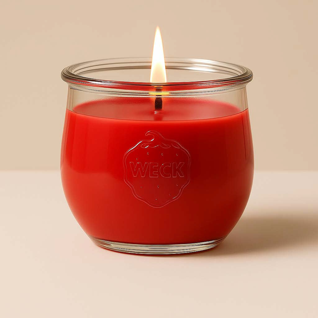 Brennende rote Duftkerze „Erdbeer Klassik“ im WECK-Glas mit Baumwolldocht vor beigem Hintergrund.
