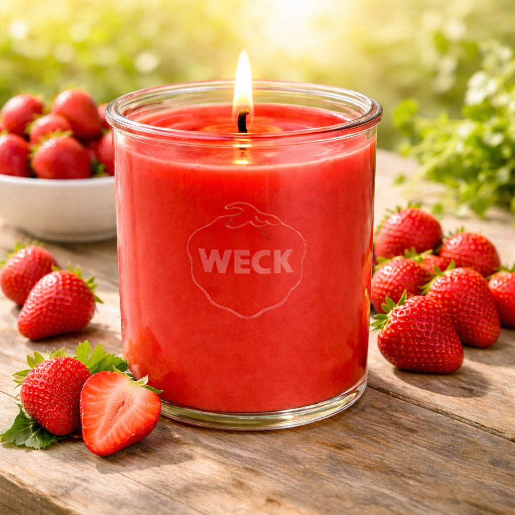 Brennende Erdbeer-Rhabarber Duftkerze im WECK-Glas auf Holztisch mit frischen Erdbeeren – fruchtiger Sommerduft von CandleDeko
