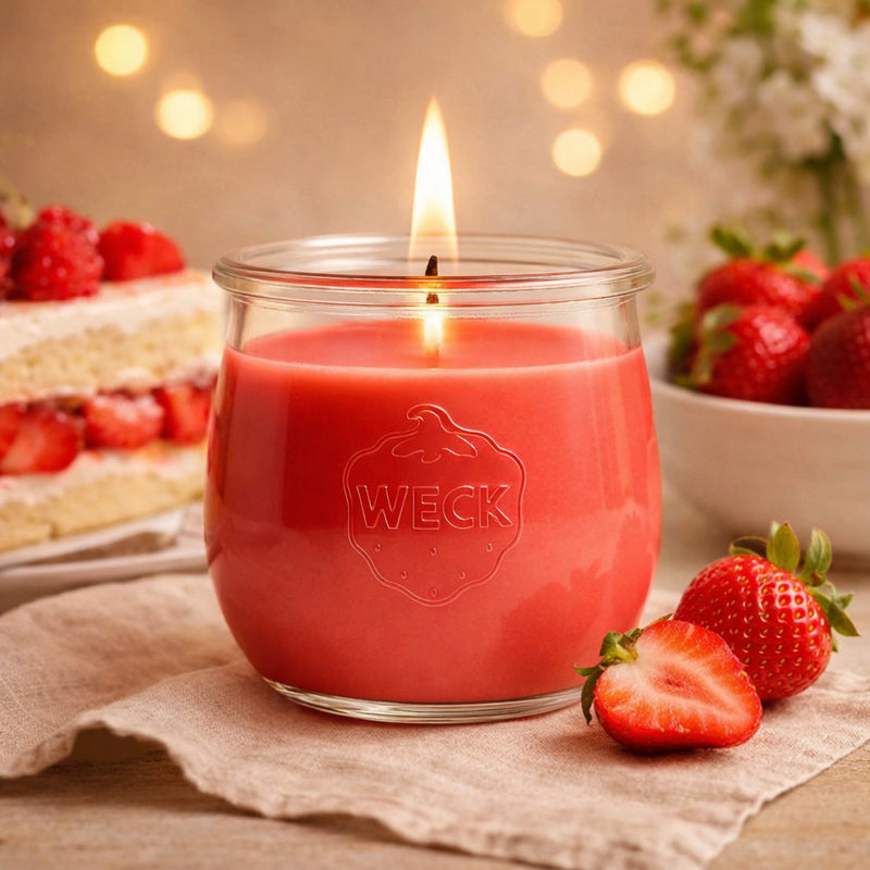 Brennende Erdbeerduftkerze im WECK-Glas auf Leinentuch, daneben frische Erdbeeren, Erdbeerkuchen und sanfte Hintergrundlichter – stimmungsvolle Szene.