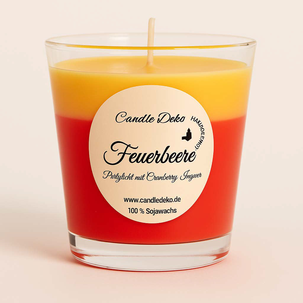 Duftkerze mit intensiver Farbkombination: obere Schicht in sonnigem Orange, untere in kräftigem Rot. Etikett: "Feuerbeere – Partylicht mit Cranberry-Ingwer".