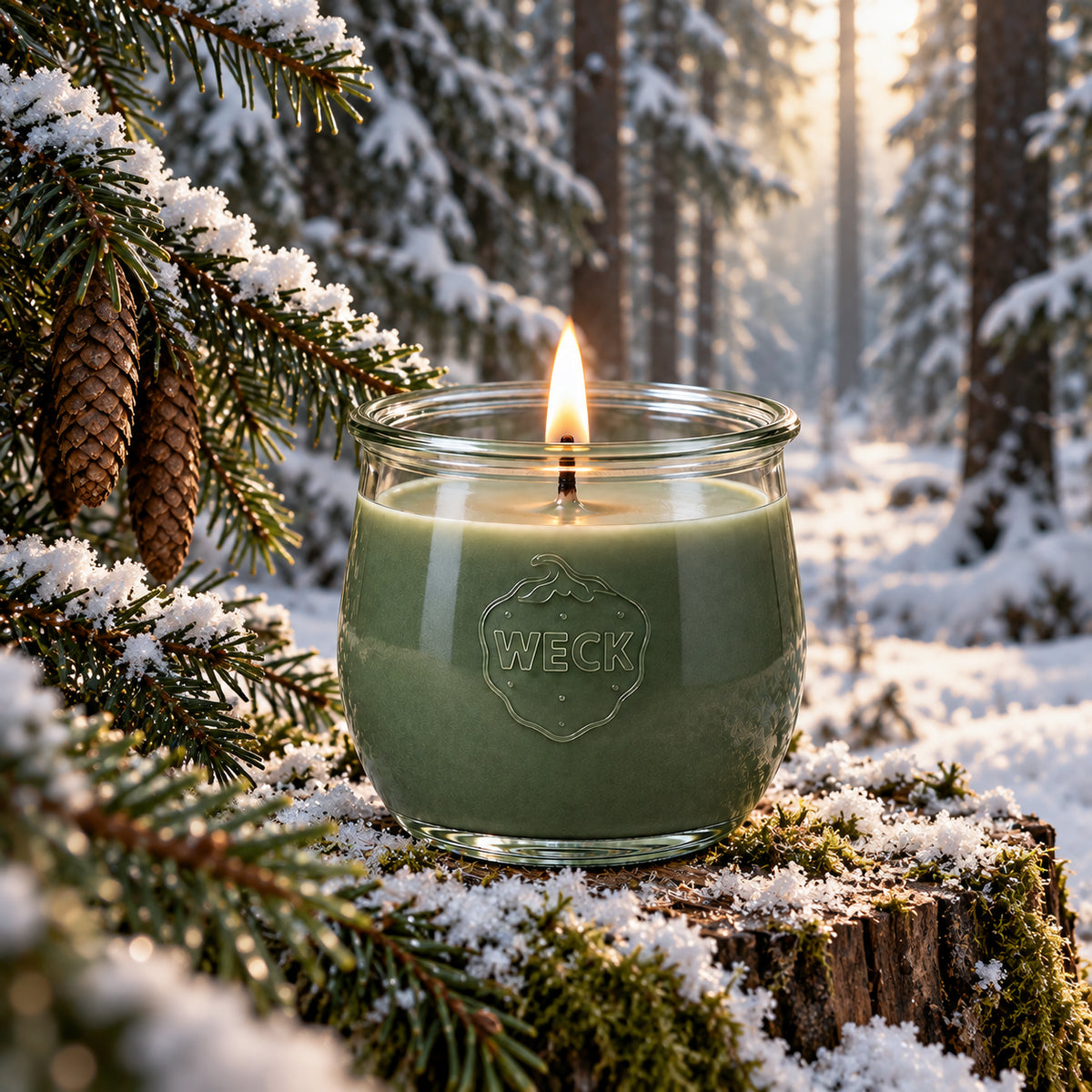 Fichte Duftkerze aus Kokoswachs im originalen WECK-Glas von CandleDeko, grün und brennend im verschneiten Fichtenwald