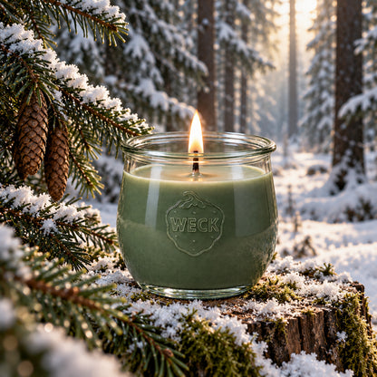 Fichte Duftkerze aus Kokoswachs im originalen WECK-Glas von CandleDeko, grün und brennend im verschneiten Fichtenwald