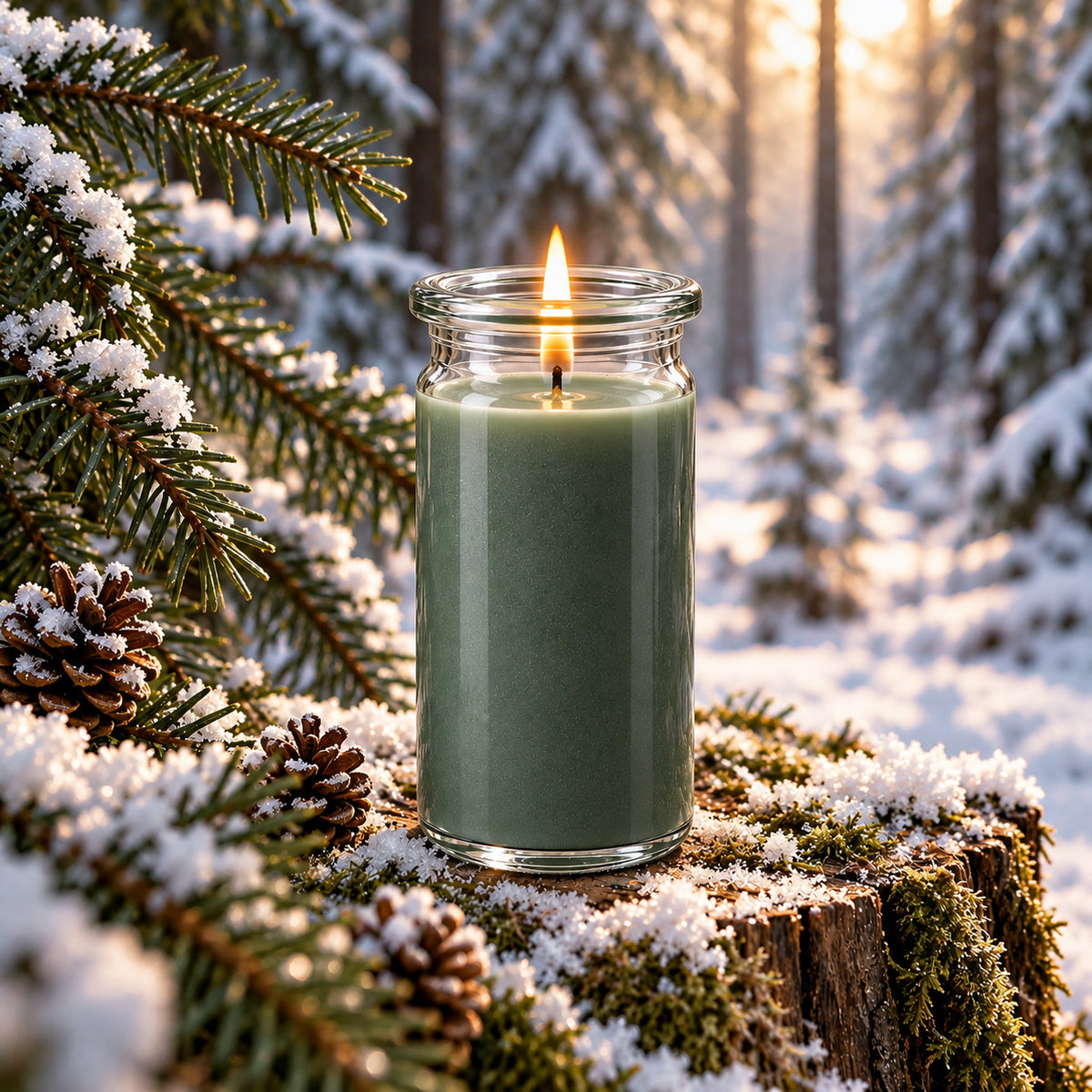 Fichte Duftkerze aus Kokoswachs im originalen WECK-Glas von CandleDeko, grün und brennend im verschneiten Fichtenwald